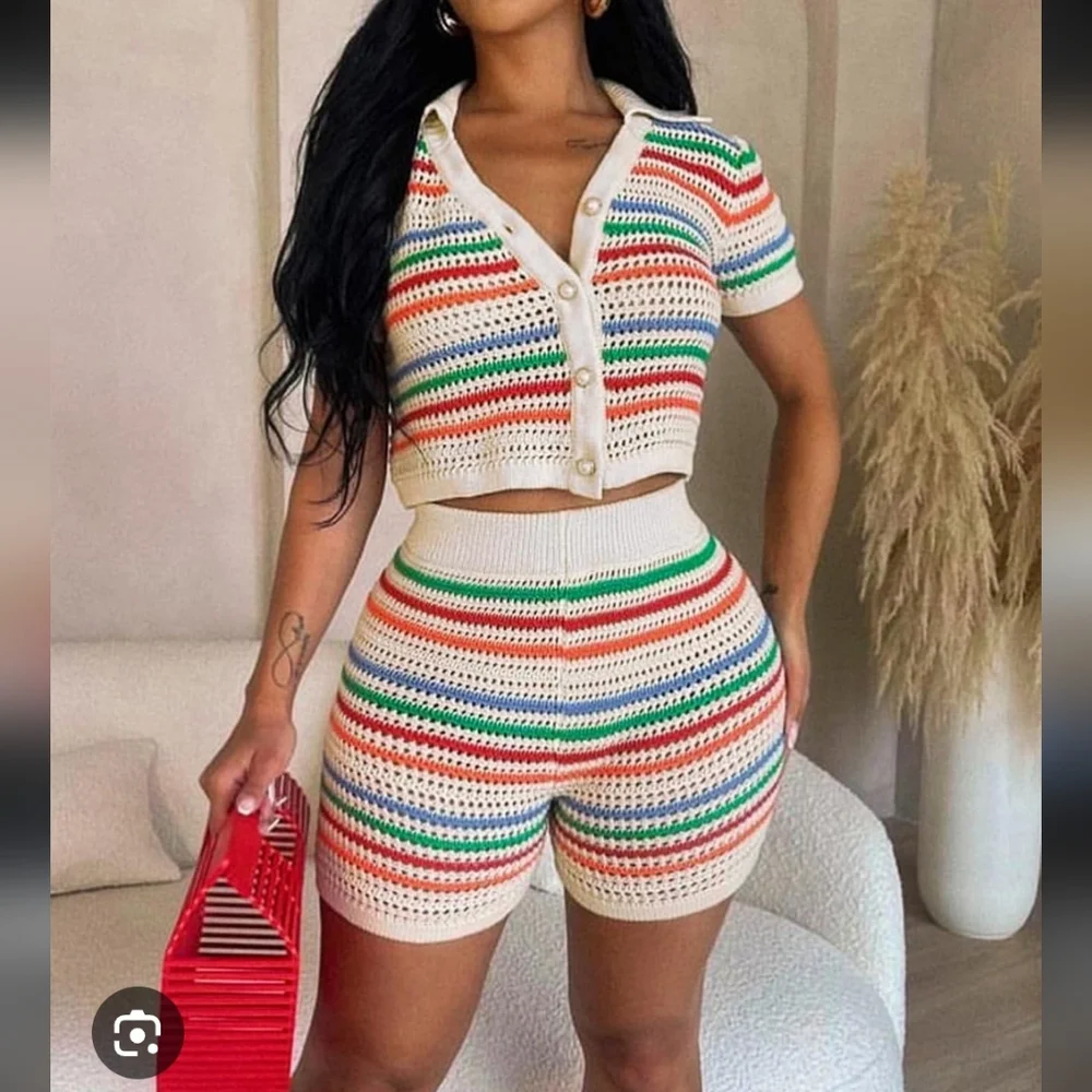 Striped Knit Crochet White Women Shorts